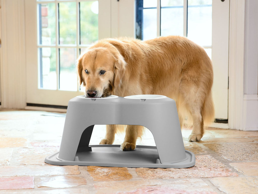 WeatherTech Double High Pet Feeding System w/Plastic Dog/Cat Bowls - 3  High Stand Tan (PDHC0803TNTN) 