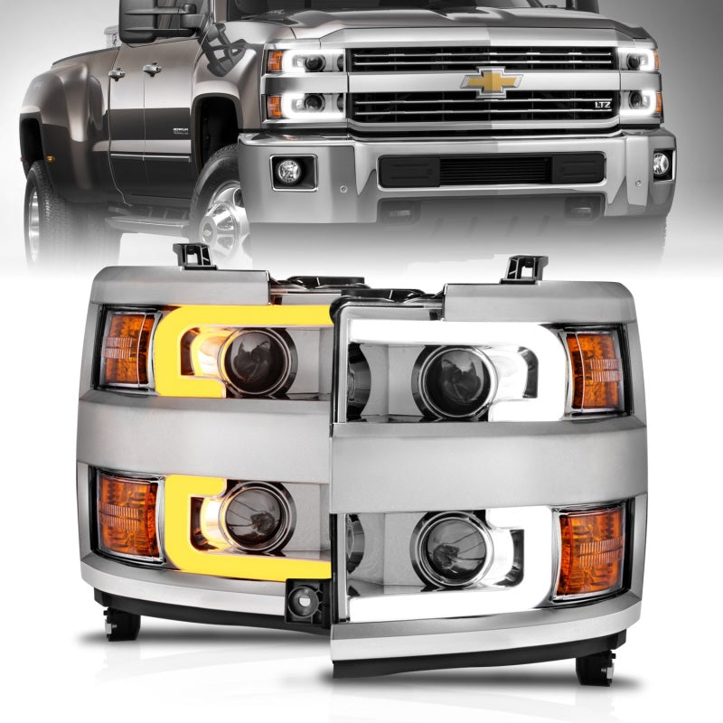 ANZO Projector Headlights 15-17 Chevrolet Silverado 2500HD / 3500HD Chrome w/ Chrome Rim